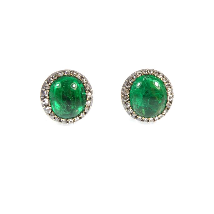 Pair of antique cabochon emerald and diamond cluster stud earrings | MasterArt